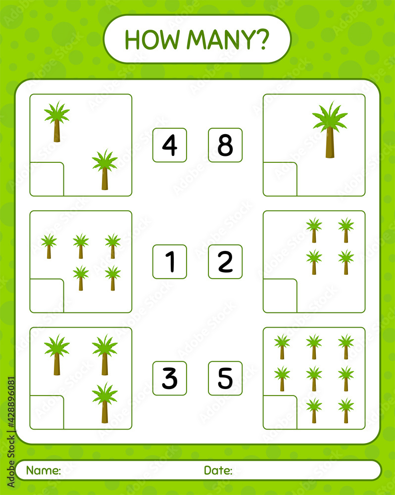 How many counting game with palm tree. worksheet for preschool kids, kids activity sheet, printable worksheet How many counting game with palm tree. worksheet for preschool kids, kids activity sheet, printable worksheet