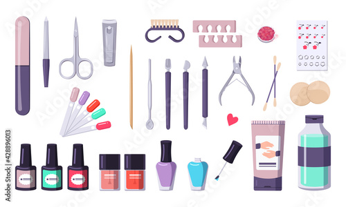 A set of tools for manicure. Equipment collection: nail files, nippers, scissors. Caring for the health of hands and nails. Beauty salon icons