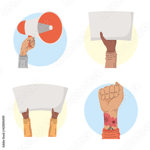 four interracial protesters hands