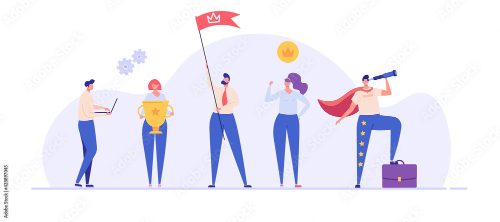Best team of people illustration. Characters with reward cup, flag and telescope. Successful teamwork, career success, teambuilding. Vector illustration in flat design for web banners. Best team of people illustration. Characters with reward cup, flag and telescope. Successful teamwork, career success, teambuilding. Vector illustration in flat design for web banners.