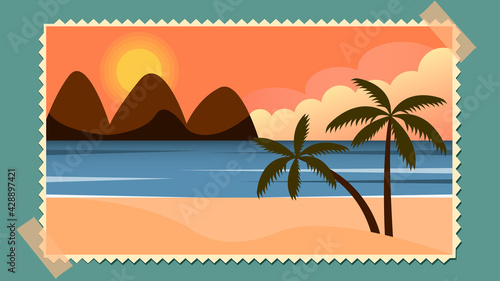 Vector illustration,  image in the style of a photograph, glued with tape, depicting a tropical sunset against a background of mountains, clouds, ocean, sand, palms in retro colors