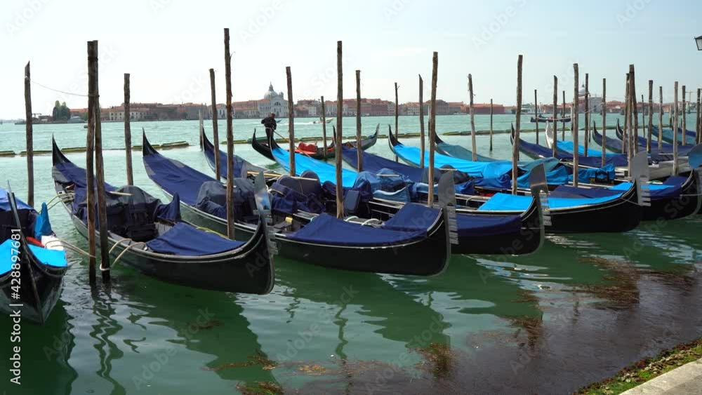 Venice, Italy - gondolas and gondoliers in the Grand Canal near the Rialto Bridge, in the San Marco Basin and between the canals of the lagoon city Venice, Italy - gondolas and gondoliers in the Grand Canal near the Rialto Bridge, in the San Marco Basin and between the canals of the lagoon city