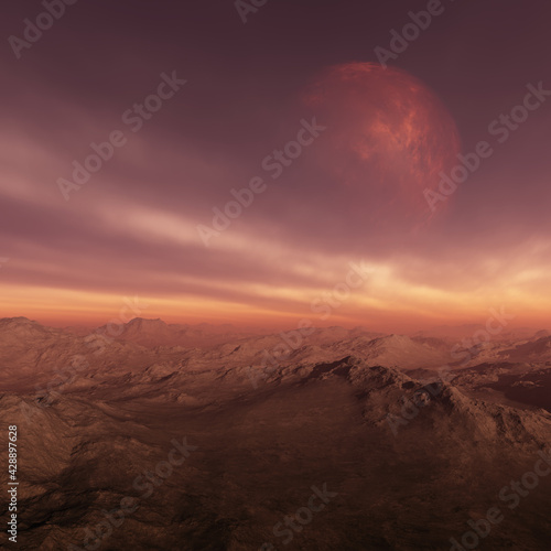 3d rendered Space Art  Alien Planet - A Fantasy Landscape with red planet and red skies