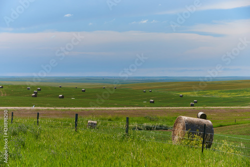 Green grass farmland in the Great Plains with Hay Rolls