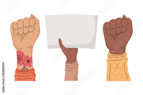 three interracial protesters hands