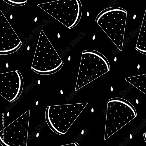Fruit seamless pattern Vector illustration in line style White colored pieces of watermelon and seeds on black background
