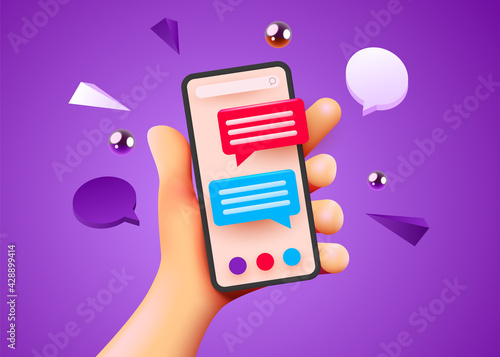 Fototapeta Naklejka Na Ścianę i Meble -  Cute hand holding phone with short messages. Chatting with friends and sending messages. Colorful speech bubbles boxes on smartphone screen.