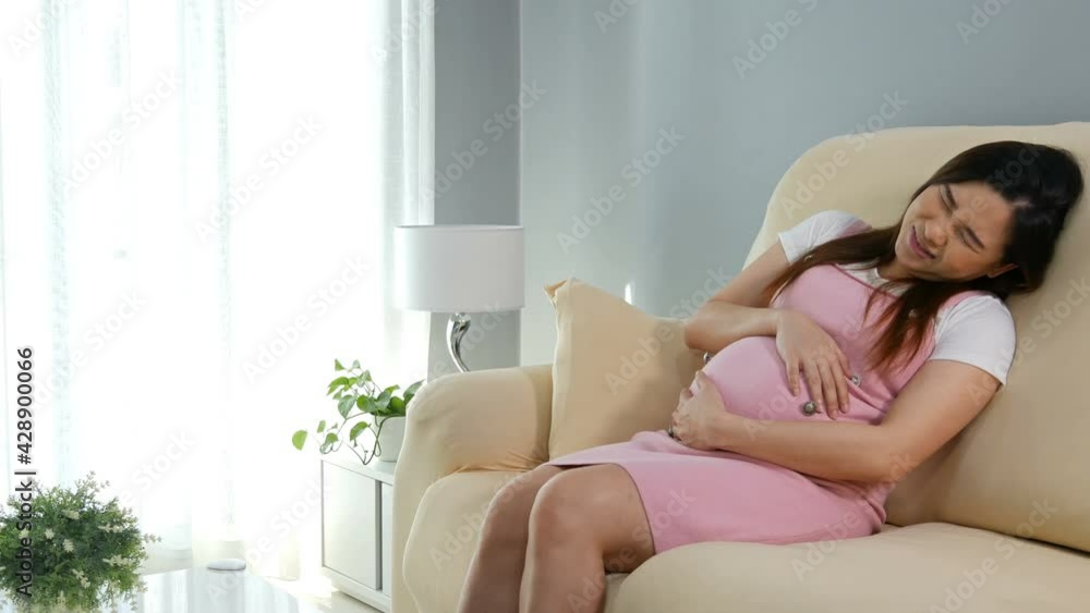 Pregnant woman has a stomachache on sofa in the living room Pregnant woman has a stomachache on sofa in the living room