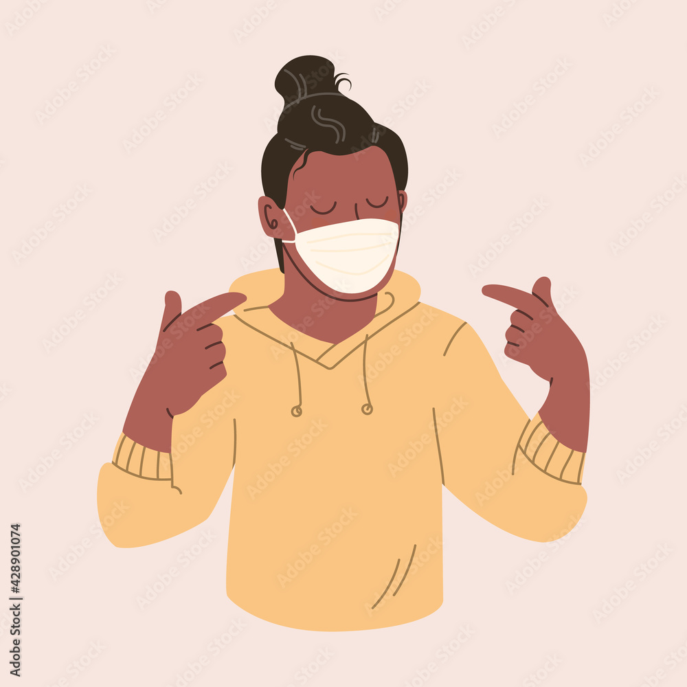 Young man in a protective mask. Happy guy uses a medical face mask. Illustration in pastel colors.