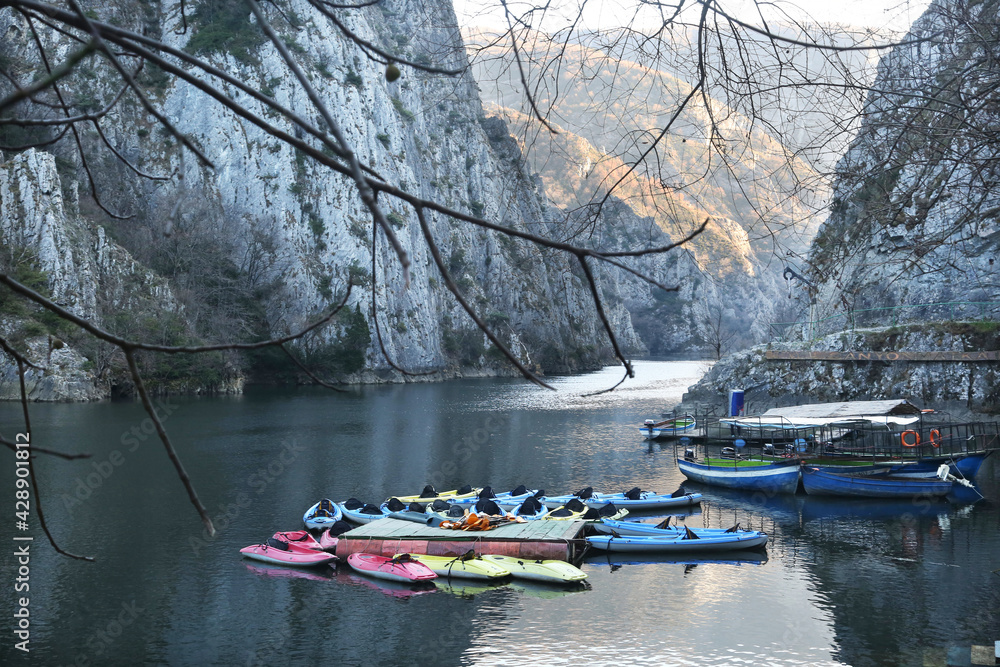 Matka Canyon in Skopje, Macedonia. Matka is one of the most popular outdoor destinations in Macedonia. - obrazy, fototapety, plakaty 