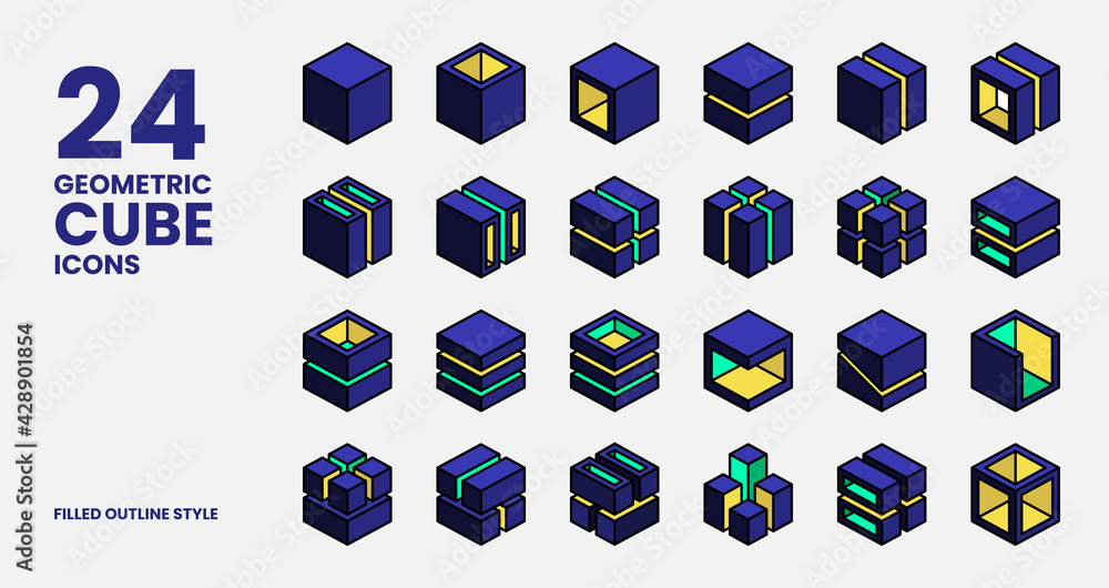 Geometric Cube Icons Collection In Filled Outline Style