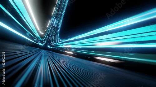 Stunning view of fast flying bright blue light rays reflected on metal surface with camera tracking movement. Concept of modern high speed broadband communication.  photo