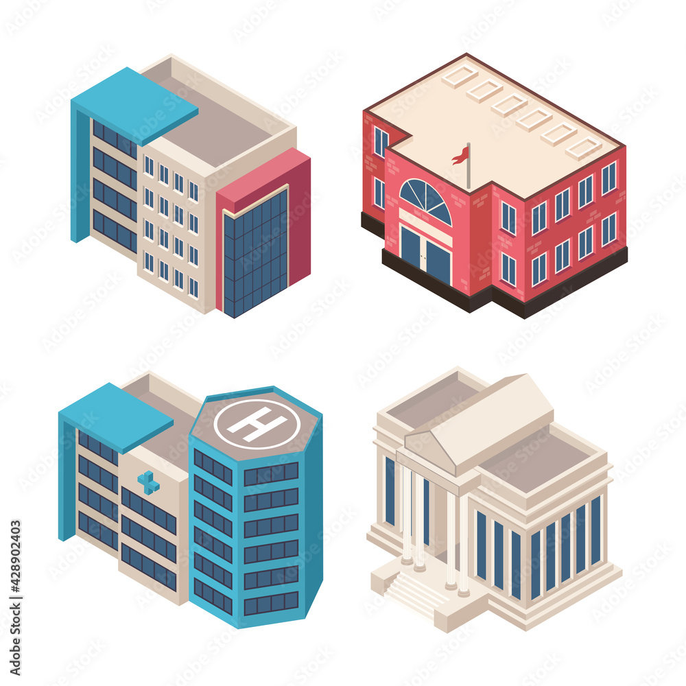 isometric four buildings isometric four buildings