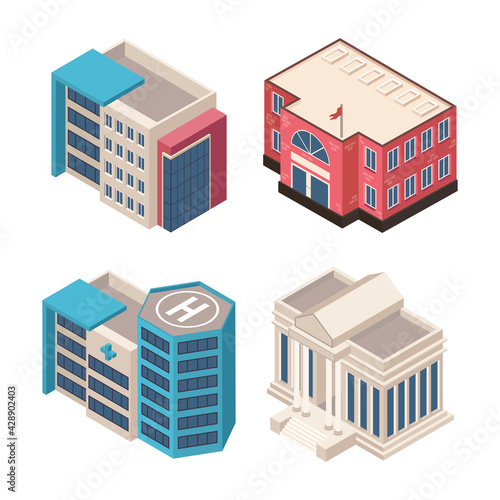 isometric four buildings