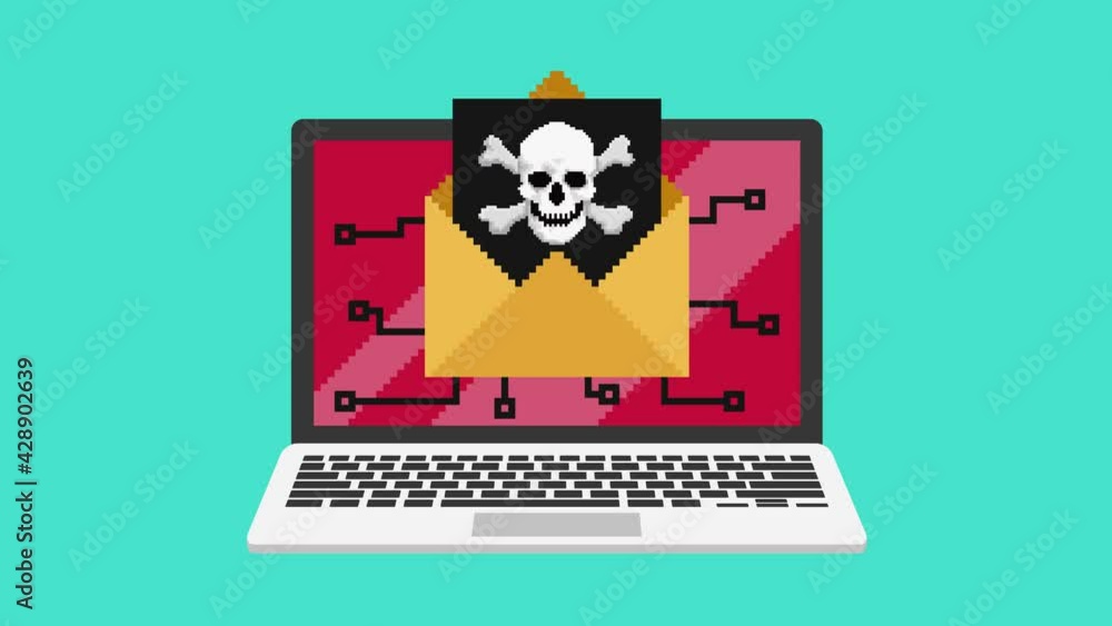 2D animation of virus infected email on laptop screen. Once the email is open, it begins to infect the laptop with computer viruses and takes control of the device. Flat design animation. 2D animation of virus infected email on laptop screen. Once the email is open, it begins to infect the laptop with computer viruses and takes control of the device. Flat design animation.