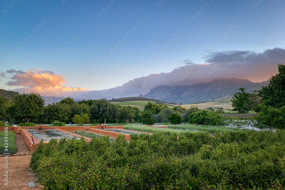 Scenery at formal garden of Babylonstoren farm with Simonsberg mountain covered with clouds at sunset.
