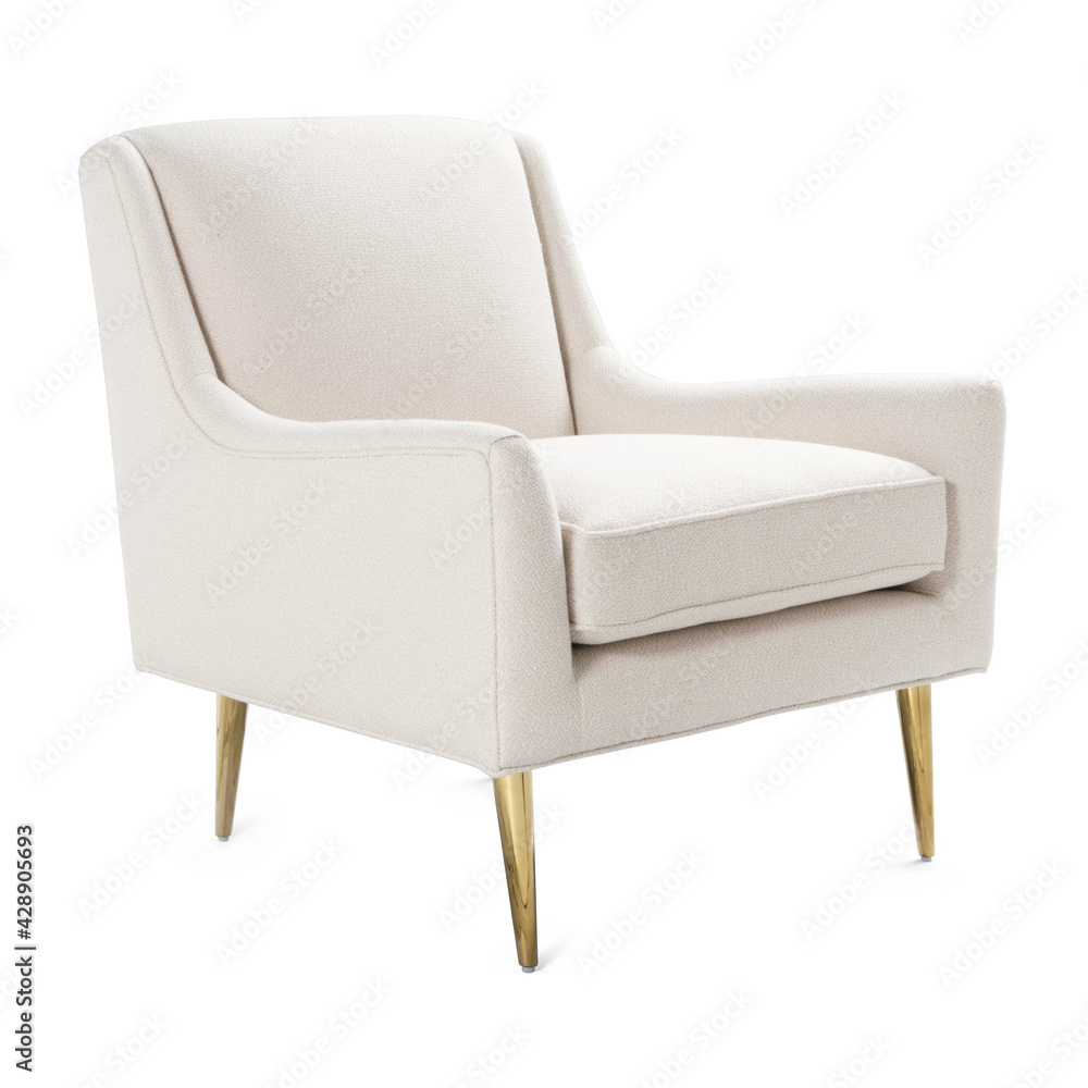 White Accent Chair Isolated on White. Side Front View of Wingback