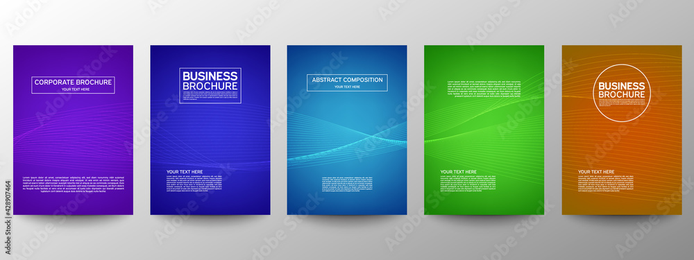 Cover geometric minimal. Set. Vector abstract line pattern for poster design. Set of templates for business brochures. Cool gradients. Graphic pattern for annual album backdrop.