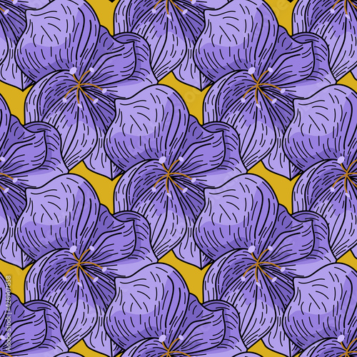 Scrapbook seamless pattern with big purple orchid flowers outline flowers. Orange background. Simple style.