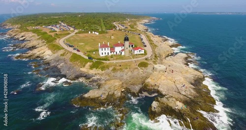 Beavertail Lighthouse in Beavertail State Park aerial view in summer, Jamestown, Rhode Island RI, USA. This lighthouse, built in 1856, at the entrance to Narragansett Bay on Conanicut Island. photo
