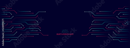 Vector abstract background on the theme of digital technology, future, cyberpunk. Dark blue background with bright blue lines computer elements. Banner template design for web, copyspace.