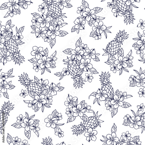 Seamless aloha pattern of hibiscus and pineapple,