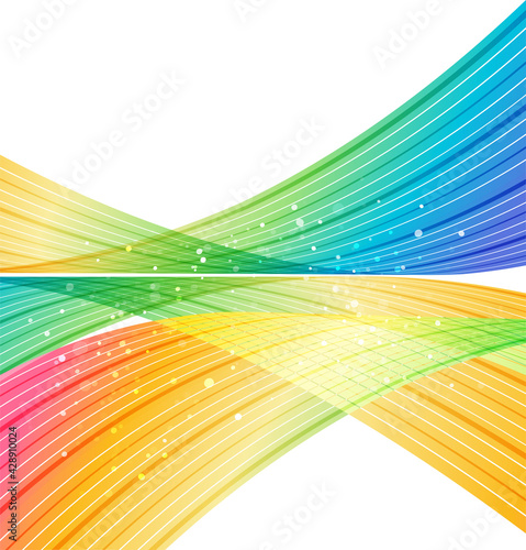 Rainbow waves on white background, abstract colorful curves background 