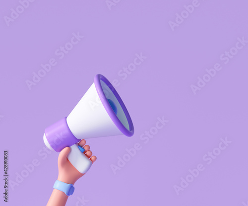 Fotografija Cartoon hand holding megaphone on purple background with copy space