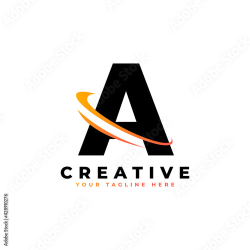 Corporation Letter A Logo With Creative Curved Swoosh Icon Vector Template Element in Black and Yellow Color.