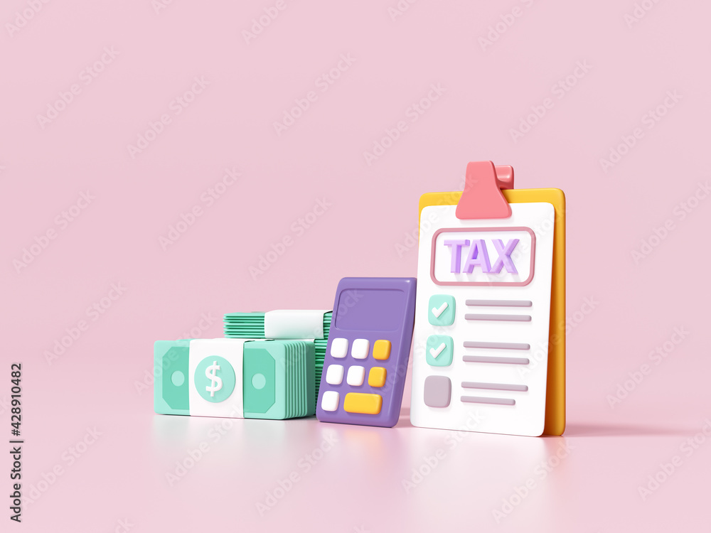 Tax payment and business tax concept. banknote, calculator and tax form on pink background. 3d render illustration Tax payment and business tax concept. banknote, calculator and tax form on pink background. 3d render illustration