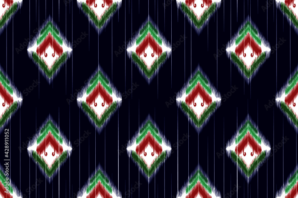 Ikat ethnic seamless pattern design. Carpet boho Aztec fabric batik African Indian American chevron textile wallpaper. 