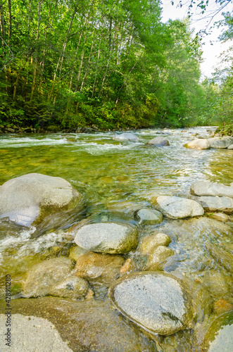 Beautiful Mountain River at the Inter River Park. North Vancouver, British Columbia, Canada.