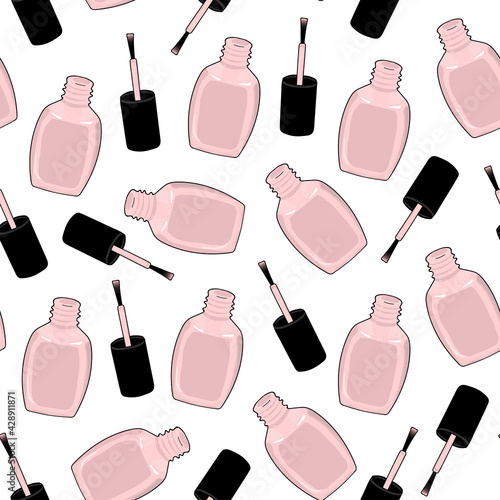 Seamless pattern beige nail polish, an open bottle, brush. Hand drawing. Vector illustration. white background.