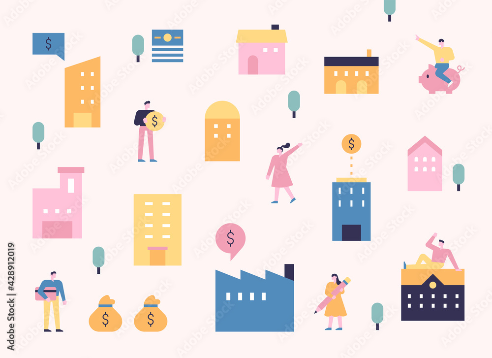 Building and people pattern poster in pink pastel color. People icons looking for real estate prices and investment assets. flat design style minimal vector illustration. Building and people pattern poster in pink pastel color. People icons looking for real estate prices and investment assets. flat design style minimal vector illustration.