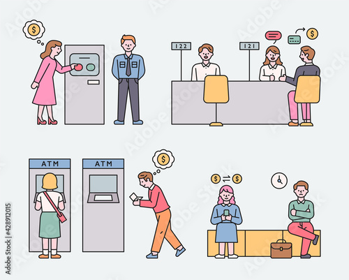 Banking employees and customers.  flat design style minimal vector illustration.