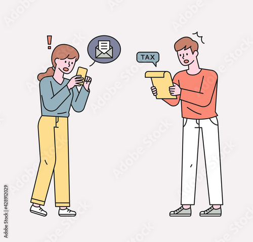 People amazed at the mail and receipts. flat design style minimal vector illustration.