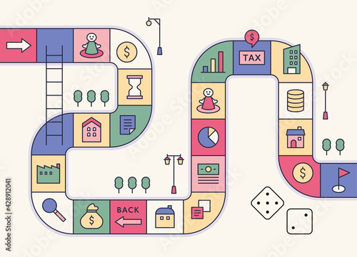 Directions game concept template. Financial icons are placed in each cell. flat design style minimal vector illustration.