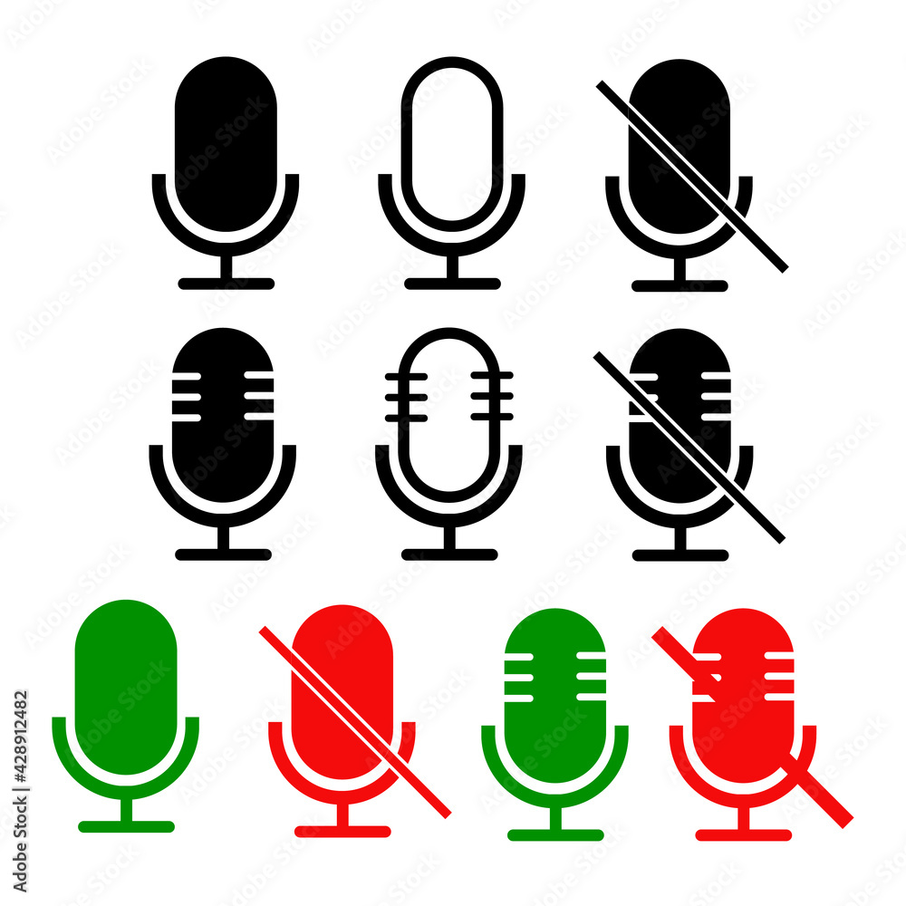 mute and unmute audio microphone set. microphone in mute and unmute sign. flat style. disable