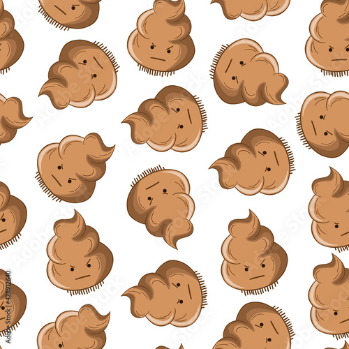 Seamless pattern with kawaii poop on white background. Cartoon poo, feces icons. Shit patterns, evil turd. Vector illustration for invitation, poster, card, fabric, textile. Doodle style
