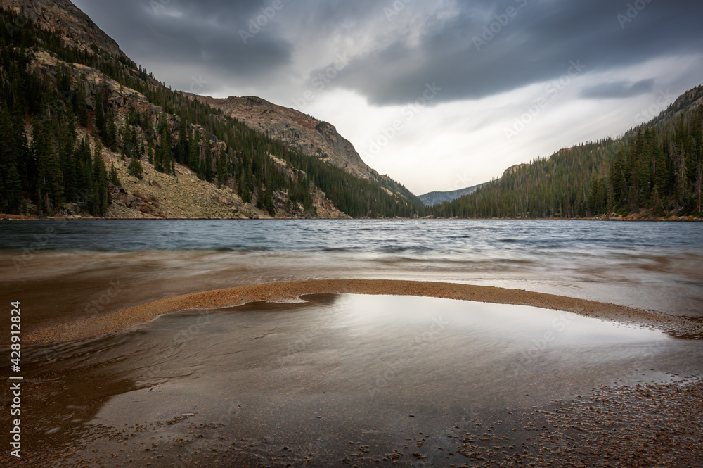 Lake Verna Beach Views by East Inlet trail in Rocky Mountain National Park, Colorado, USA Lake Verna Beach Views by East Inlet trail in Rocky Mountain National Park, Colorado, USA