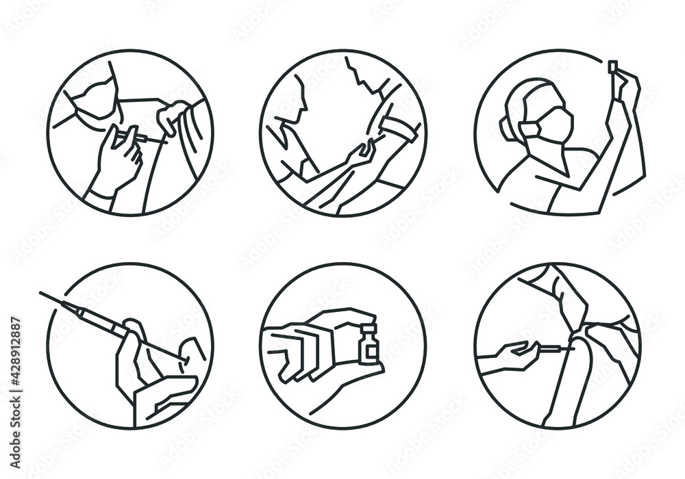 Vaccination icons in round format and editable vector line style - obrazy, fototapety, plakaty 