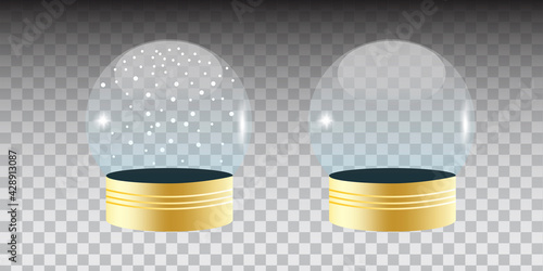 Glass snow globe realistic 3d design. White new year background. Vector illustration. Stock image.