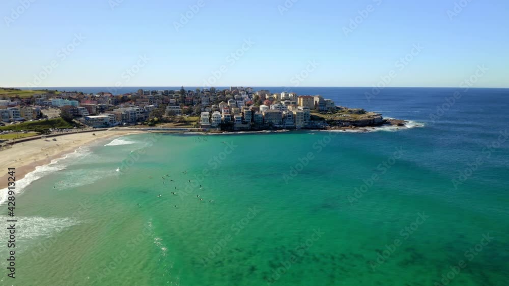 People On Bondi Beach At Daytime In Sydney Suburb, New South Wales, Australia. - Aerial Shot People On Bondi Beach At Daytime In Sydney Suburb, New South Wales, Australia. - Aerial Shot
