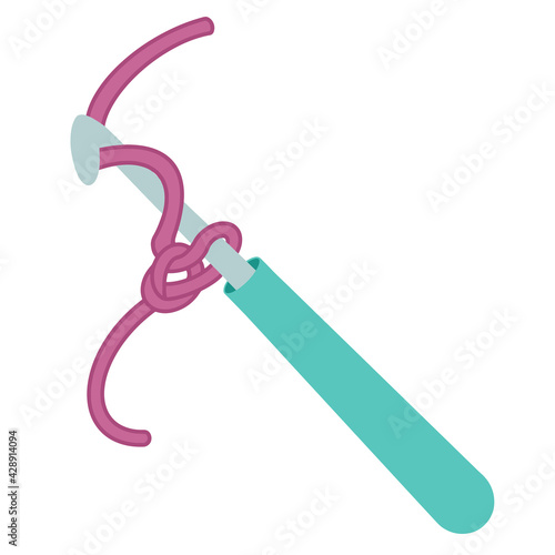 Vector illustration of a crochet hook with thread. Isolated image of needlework on a white background. Simple flat illustration, crochet, handmade