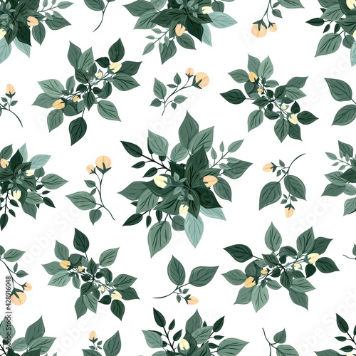 Delicate spring flowers and leaves. Seamless pattern. Botanical print for sandstone on fabric, paper, packaging. Isolated background.