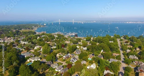 Claiborne Pell Newport Bridge on Narragansett Bay and town of Jamestown aerial view in summer, Jamestown on Conanicut Island, Rhode Island RI, USA. photo