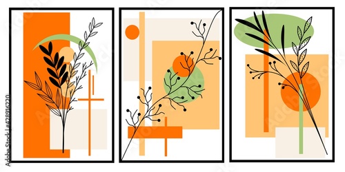 Set three pieces of Line art bontanical flowers wall art. Scandinavian style vector Ilustration of wall decor. Minimalist Orange and green wall Decorations.