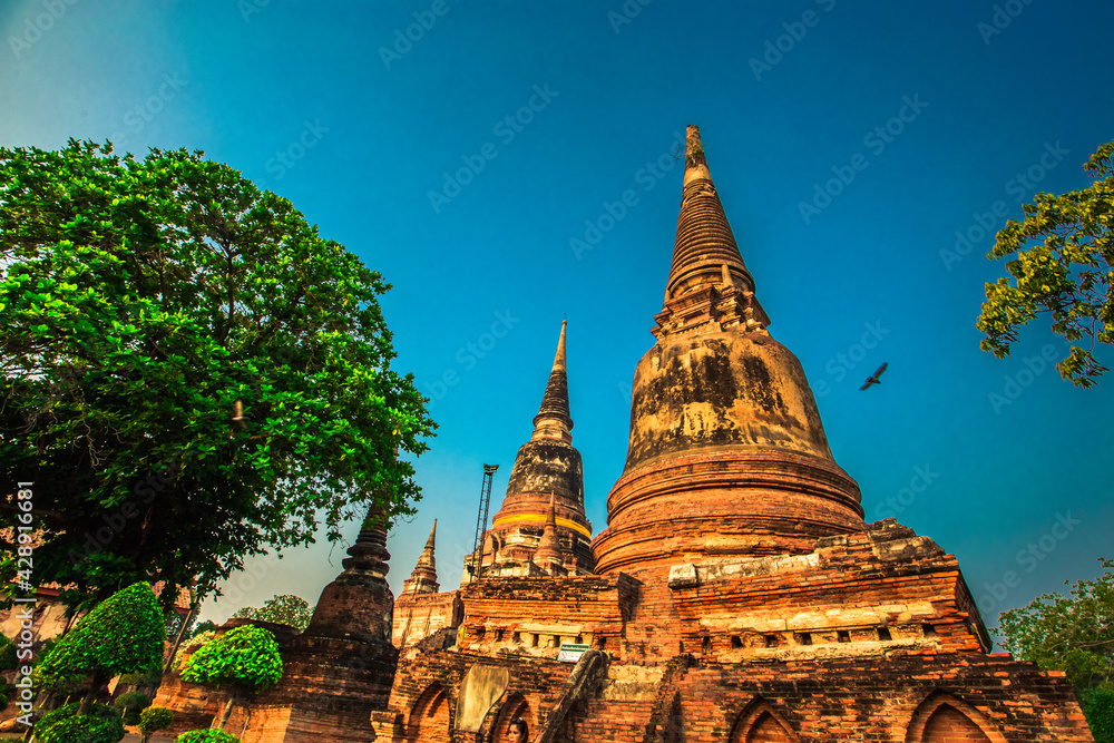 Fototapeta premium Background of old Buddha statues in Thai religious attractions in Ayutthaya Province, allowing tourists to study their history and take public photos.