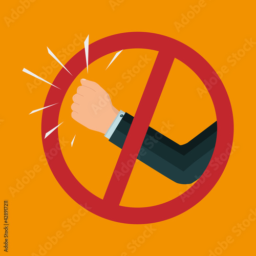 No knock sign. Please don't knock on the door. Businessman hand, stop. Silence sticker. Prohibition sign. Bright orange sticker. Isolated on a orange background. Vector