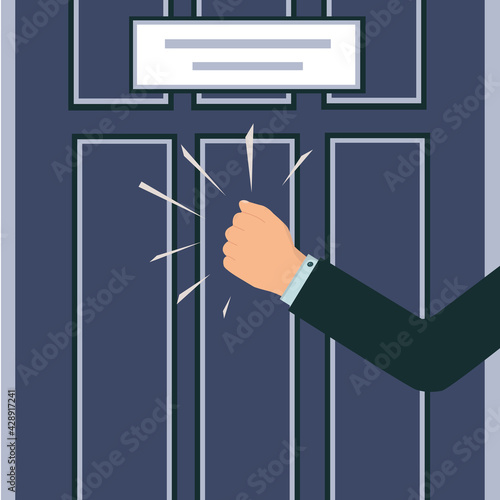 A knock on the door. The man's hand is knocking on the door. Please allow me to enter the room. Office door with a sign.A persistent businessman, client, manager, guest or salesperson. Fragment.Vector
